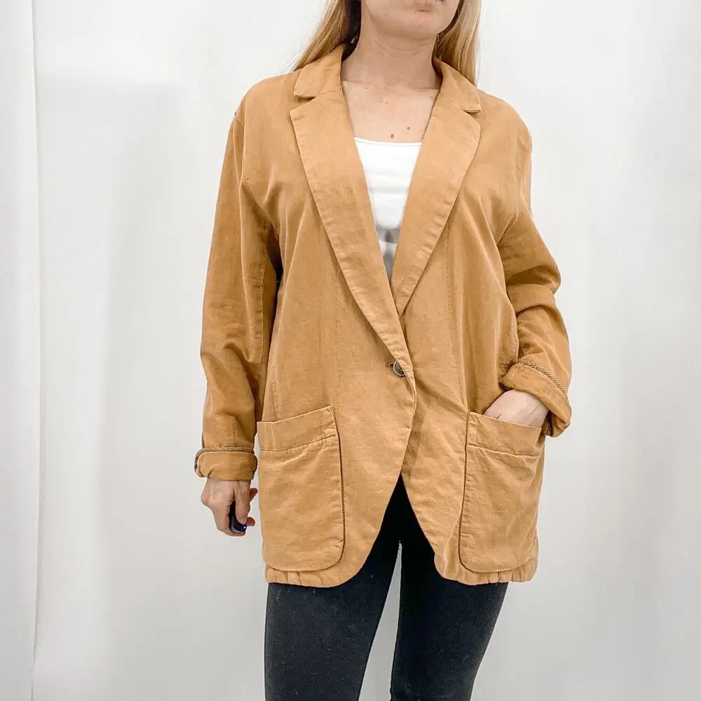 Free People Simply Perfect Tan Brown Linen Cotton Oversized Blazer Jacket Small